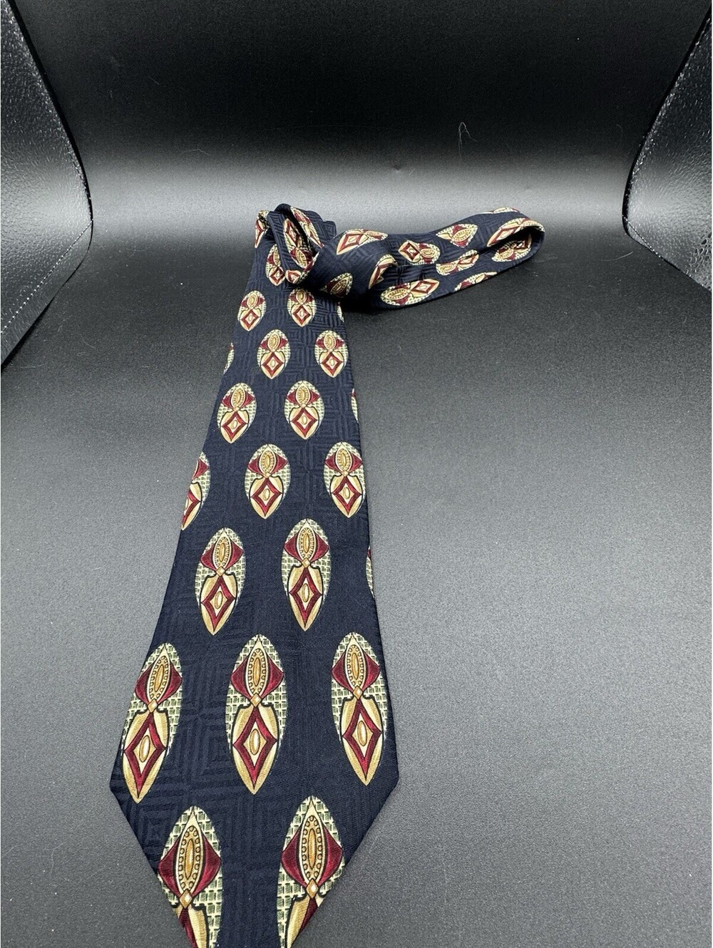 Vintage Lands’ End Men’s Silk Tie Navy Burgundy Geometric Made USA 59”